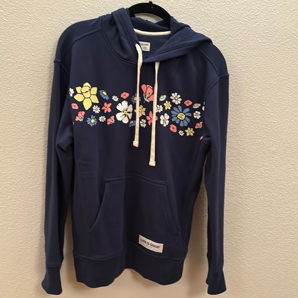 Life Is Good Navy Hooded Sweatshirt with Flowers